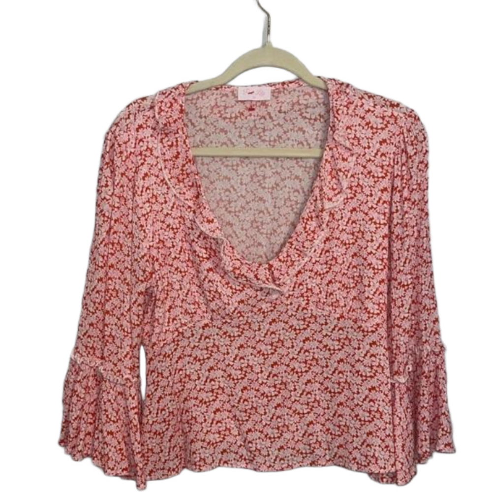 Womens Pink Lily Floral Bell flared Large pink orange